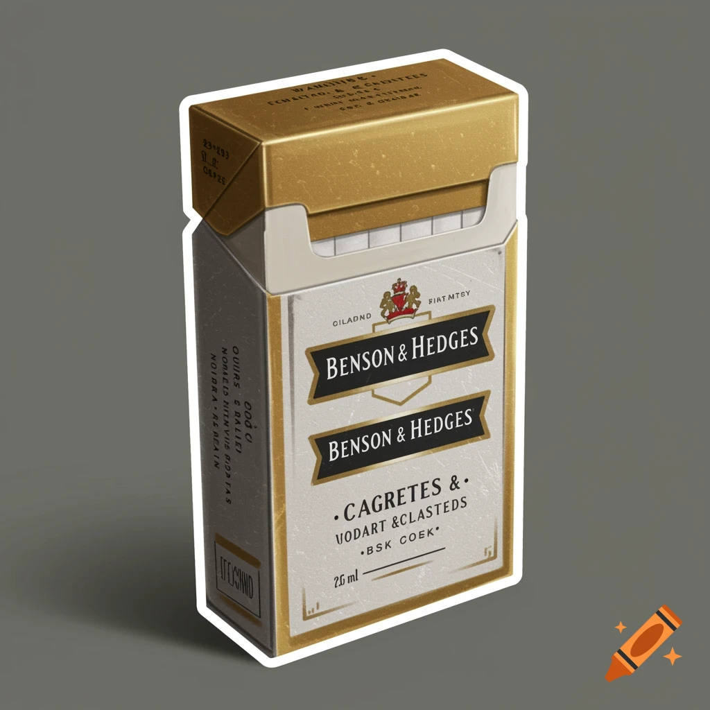 A photorealistic sticker of a pack of Benson & Hedges cigarettes with a gold top and white base.