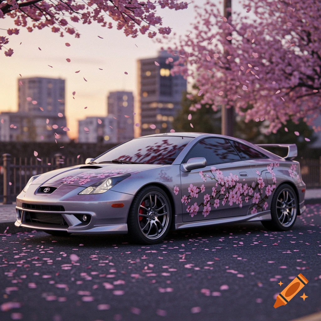 A silver 2004 Toyota Celica adorned with cherry blossom stickers, parked on a street with falling pink petals and city buildings in the background at sunset, photorealistic.