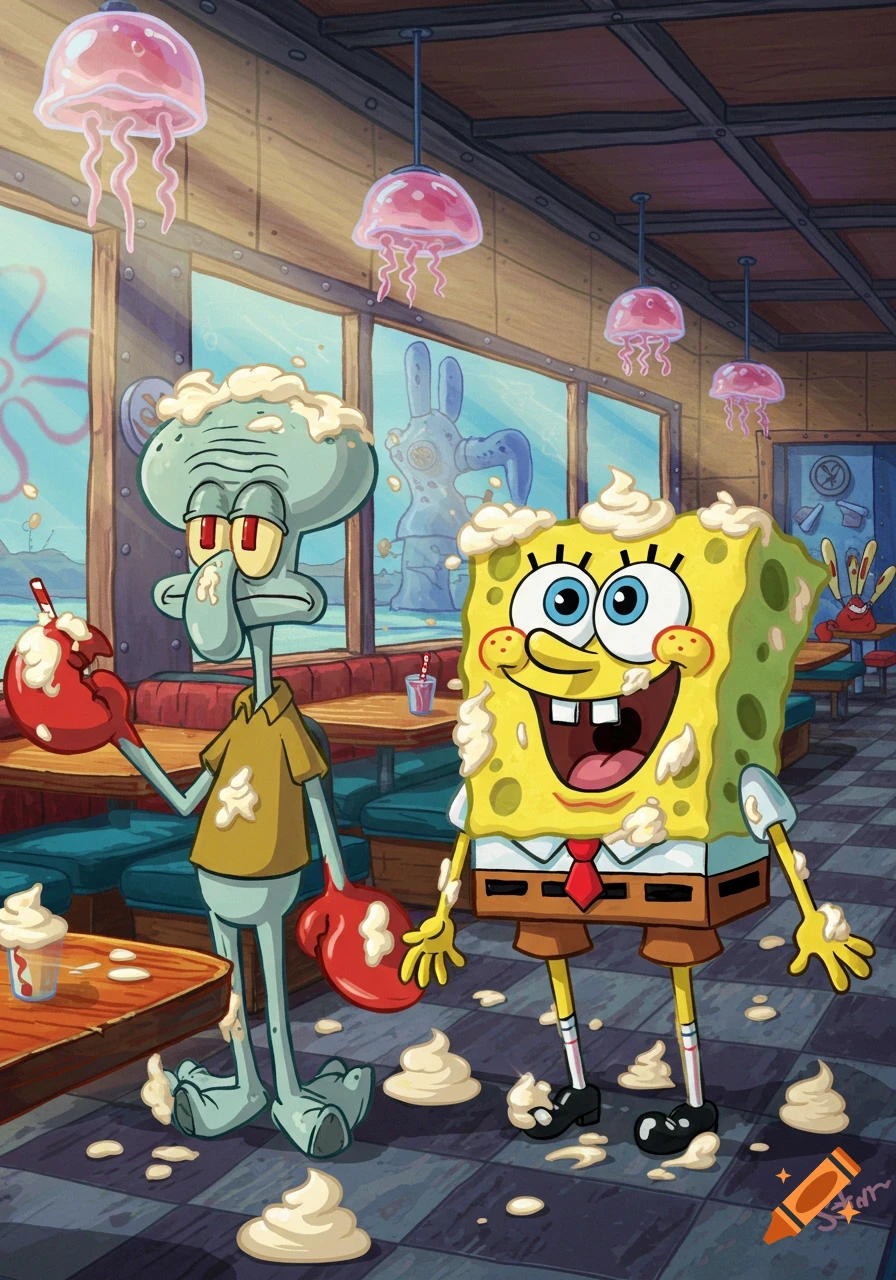 Spongebob and Squidward, covered in cream, stand inside a cartoon restaurant with jellyfish lamps.