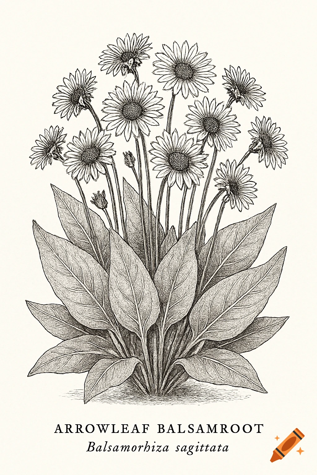 A black and white botanical line drawing of an arrowleaf balsamroot plant with many daisy-like flowers and large basal leaves, labeled below.