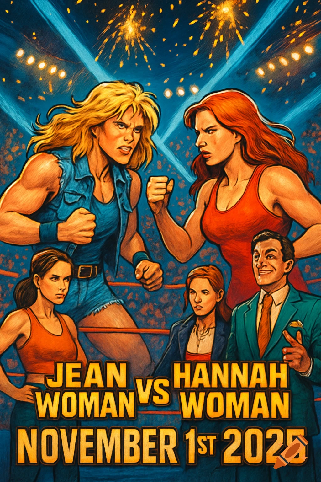 Comic-book style poster of two female wrestlers, Jean Woman and Hannah Woman, facing off in a brightly lit arena with fireworks and smaller figures looking on. Text reads "JEAN WOMAN VS HANNAH WOMAN NOVEMBER 1ST 2025".