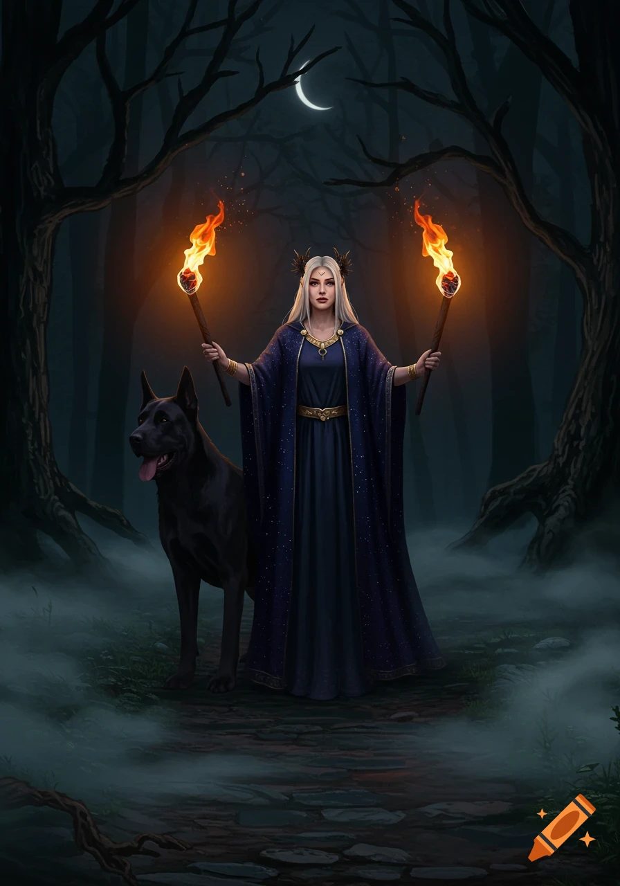 A woman in a dark robe holds two torches, accompanied by a black dog on a misty forest path under a crescent moon.
