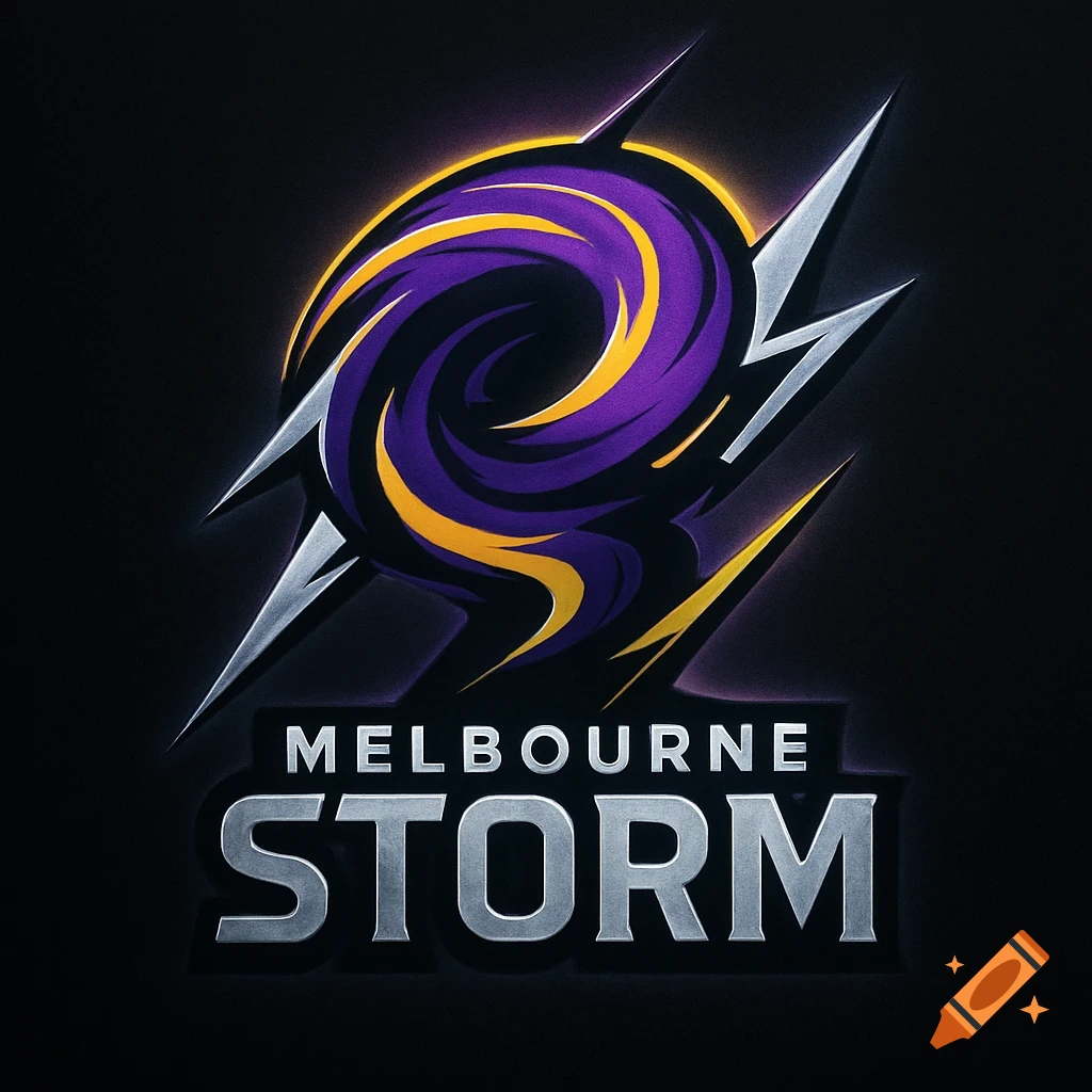 A logo featuring a purple and yellow swirling circle with silver and gold stylized lightning bolts, above the text "MELBOURNE" in white and "STORM" in silver, all on a dark background.