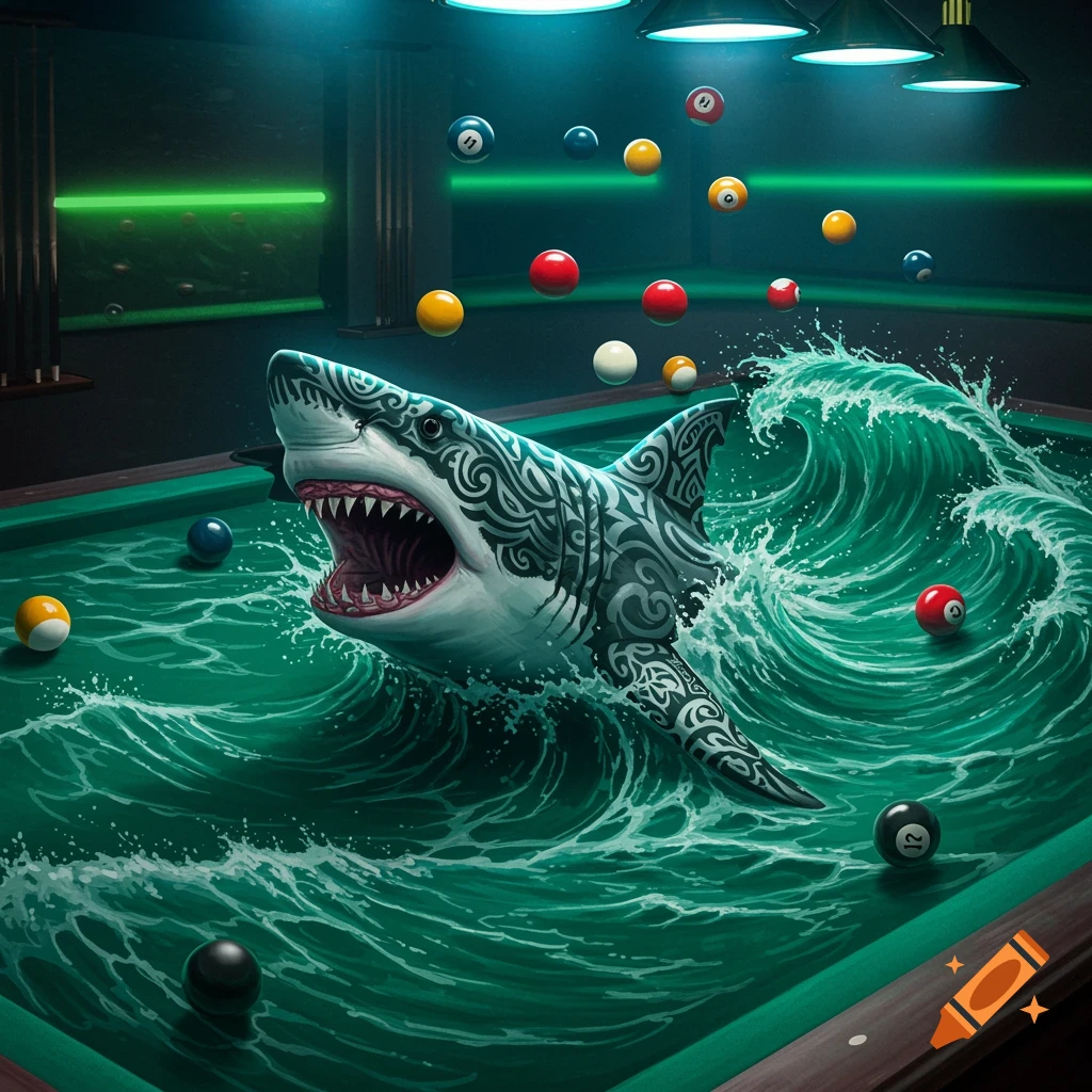 A tattooed shark with open jaws emerges from green waves on a pool table, surrounded by floating billiard balls under bright teal lights.