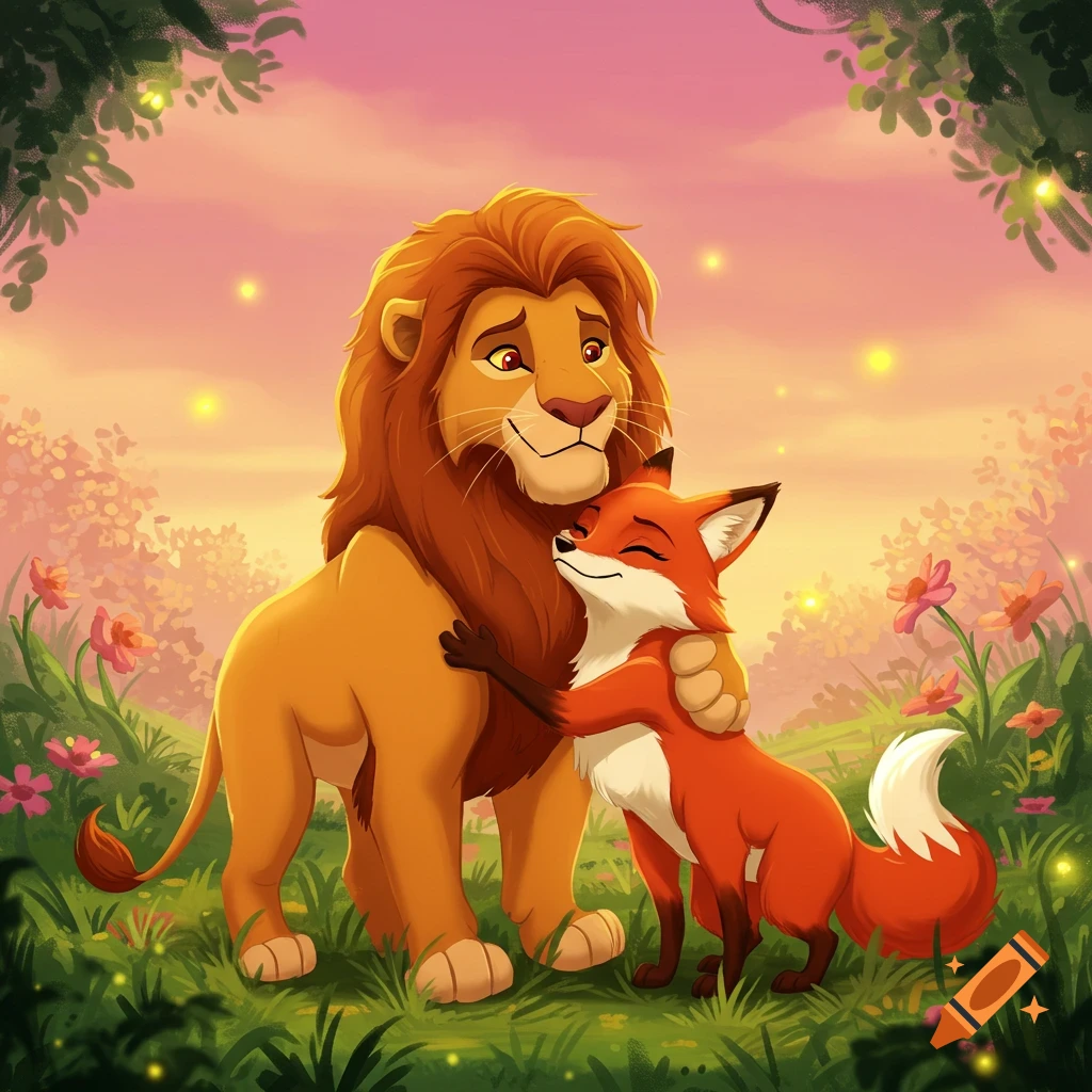 A cartoon lion and fox hug in a vibrant, flowery landscape with a pink and orange sky.