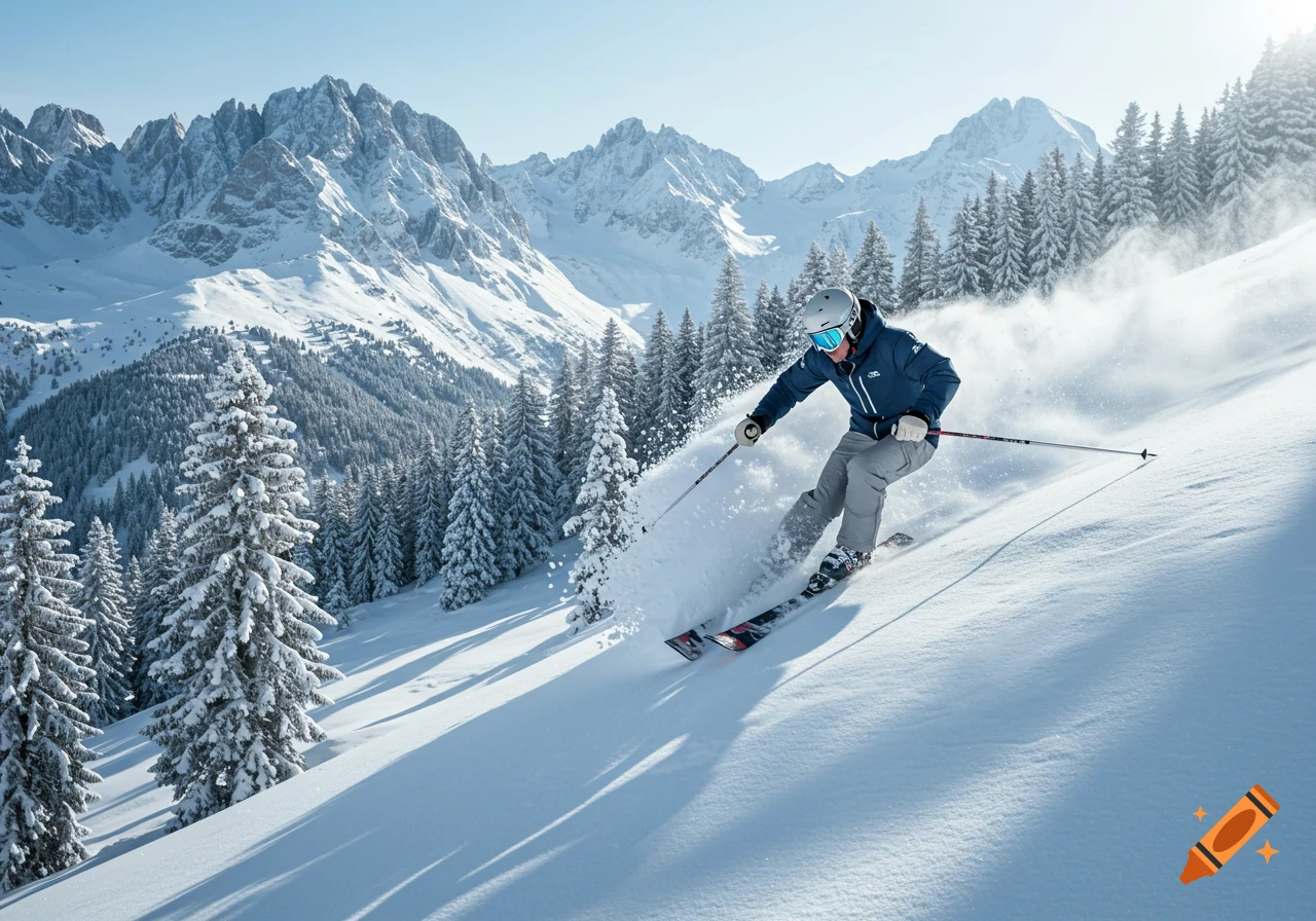 A person skis down a snowy mountain slope with pine trees and large peaks under a clear sky.