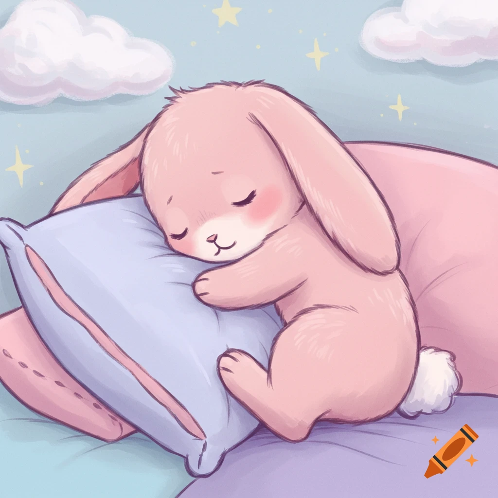 A cute pink cartoon bunny sleeps peacefully on a blue pillow, with clouds and stars in the pastel background.