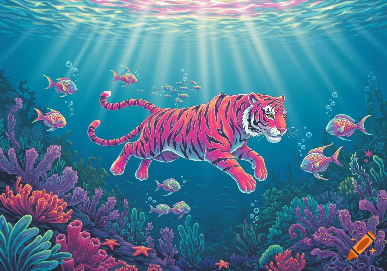 A vibrant pink and black striped tiger swims underwater, surrounded by colorful fish and coral, in a whimsical, neon-colored style.