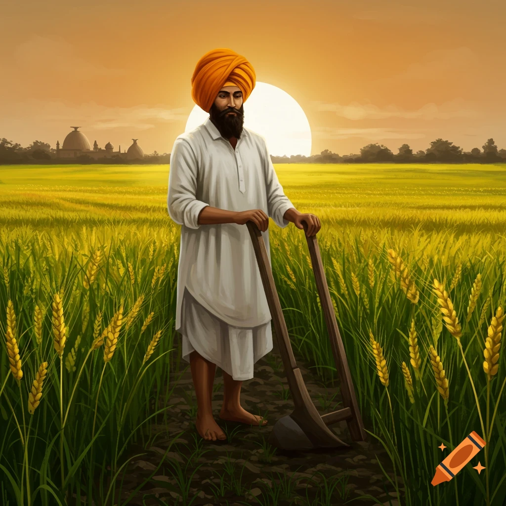 A Sikh farmer in traditional attire stands with a plow in a golden wheat field at sunset, with distant temples.