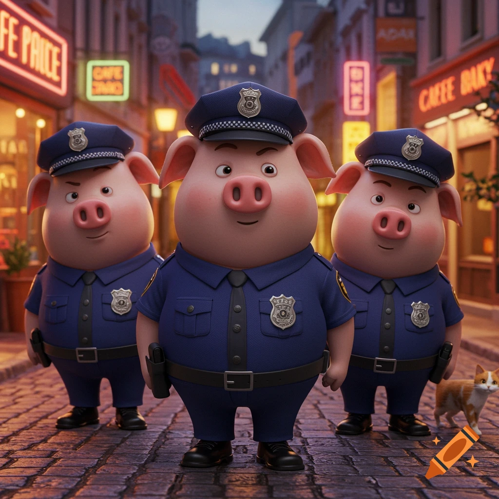 Three anthropomorphic pigs dressed as police officers stand on a cobblestone street at dusk, with neon signs in the background.