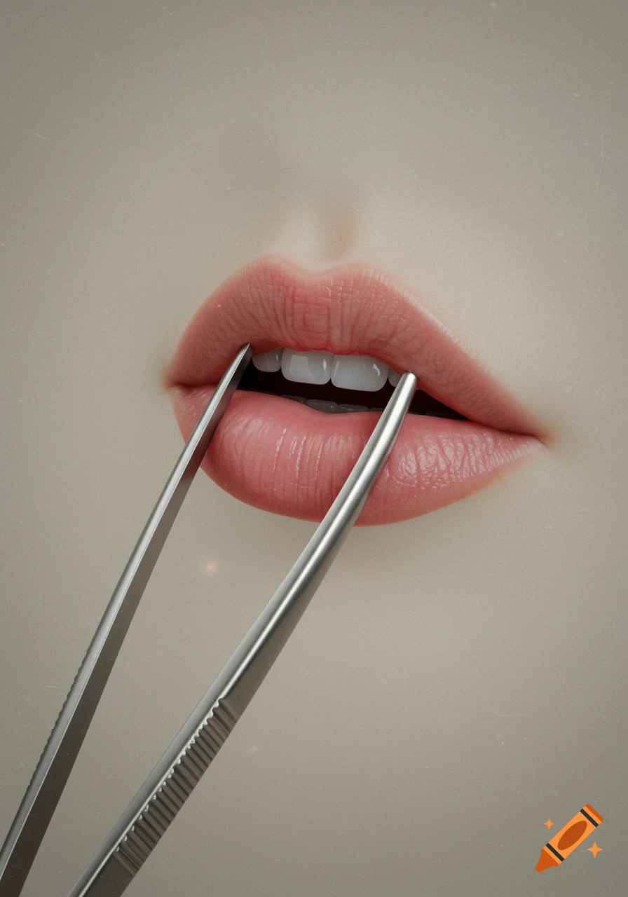 Photorealistic close-up of pink lips holding silver tweezers.