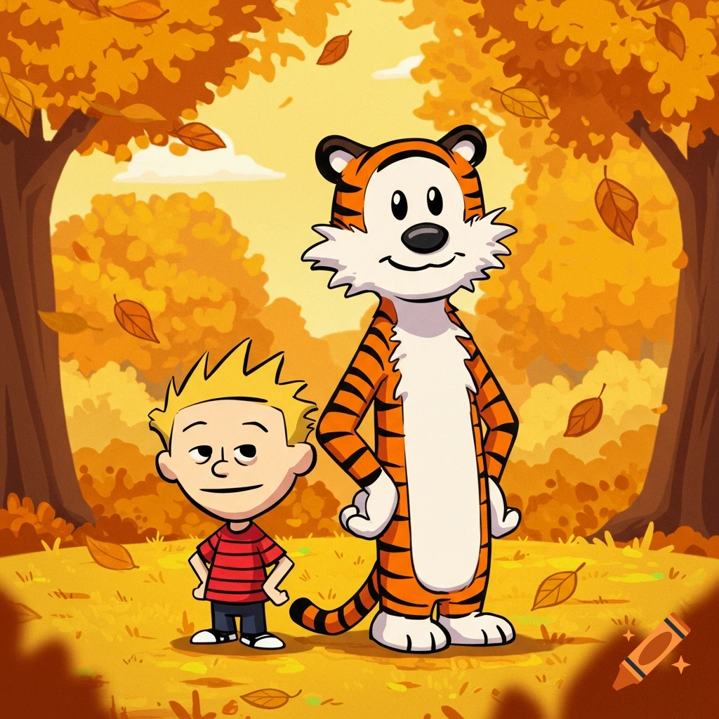 A cartoon boy resembling Calvin stands with a tiger resembling Hobbes in an autumn forest with falling golden leaves.