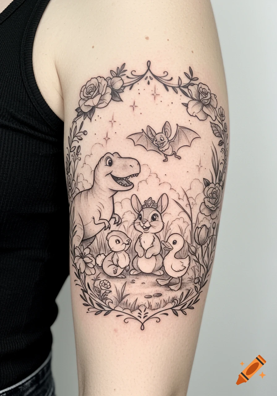 Black and grey tattoo on an arm showing a happy dinosaur, bunny, two ducklings, and a bat in a floral and vine frame.