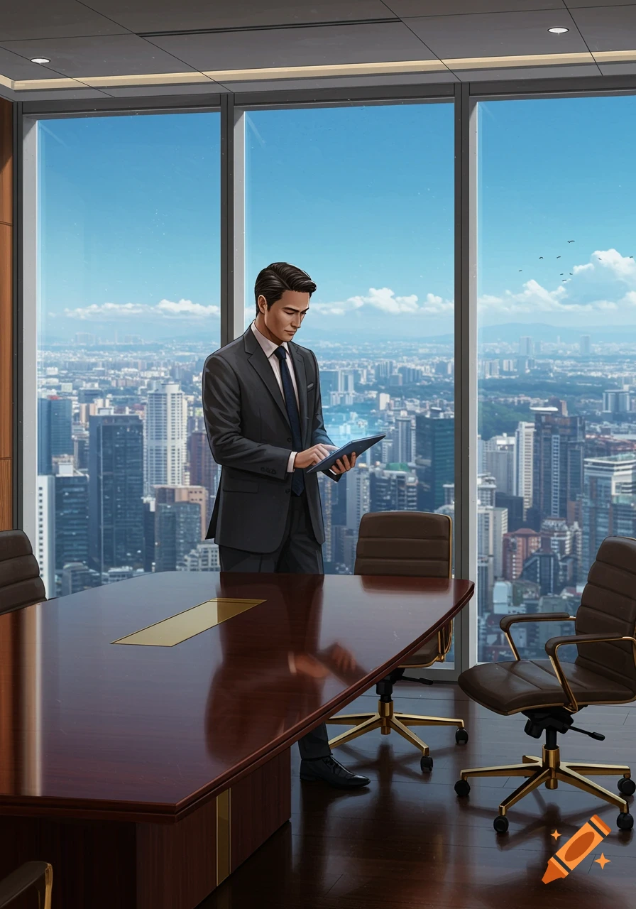 A man in a suit looks at a glowing tablet in a high-rise office with a city view.