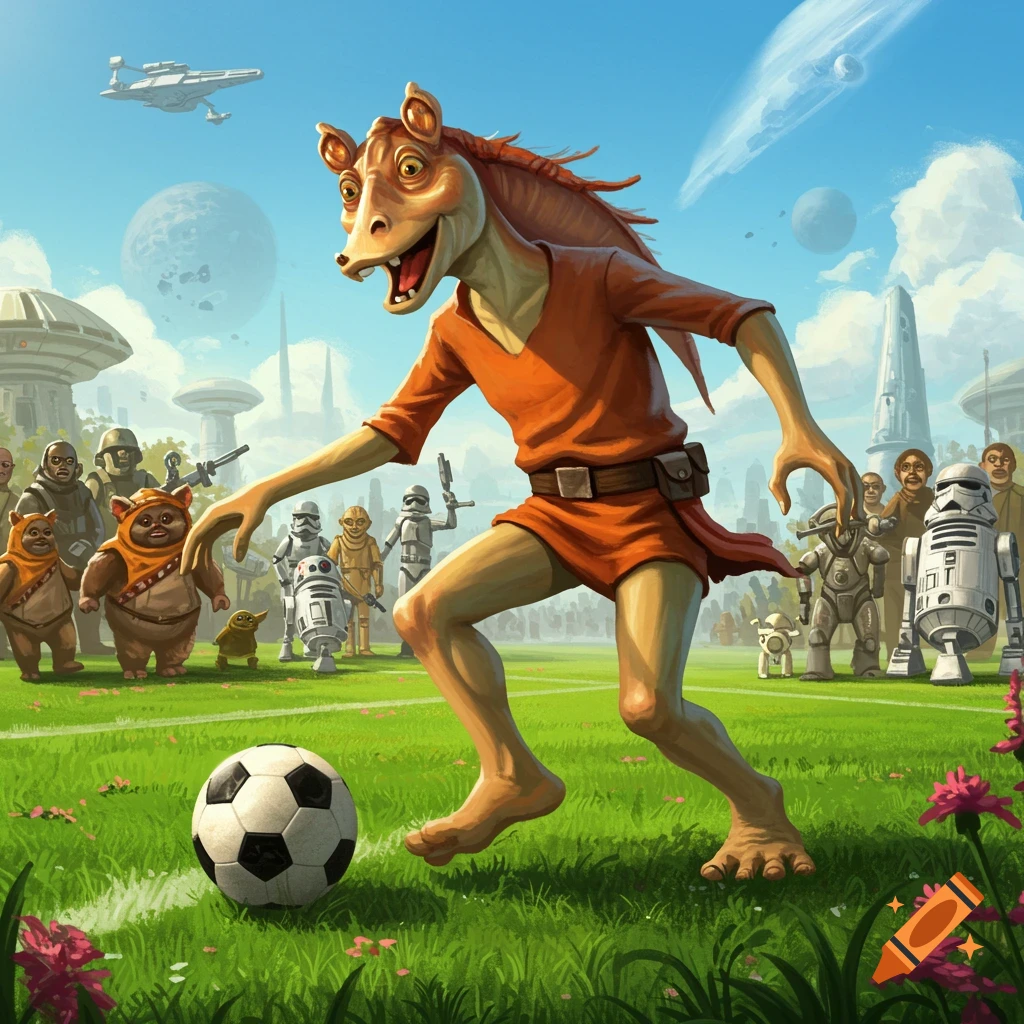 Jar Jar Binks plays soccer on a grassy field with Star Wars characters and buildings in the background.