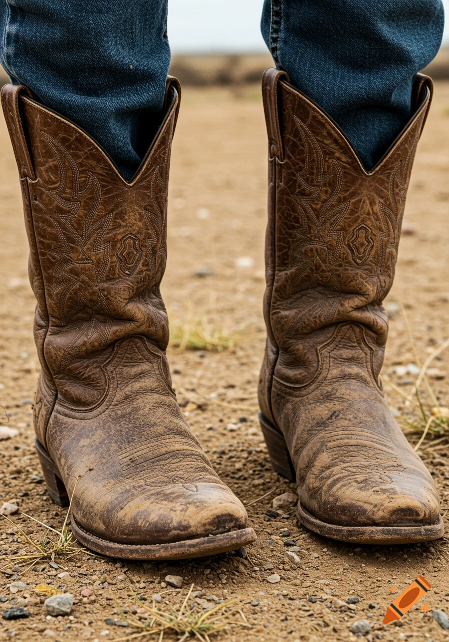 Close-up of dirty brown cowboy boots and blue jeans on a person standing on a dirt path.