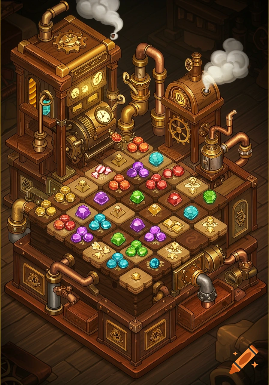 A detailed isometric steampunk game board with various machines, pipes, and a grid filled with colorful gems and gold pieces.