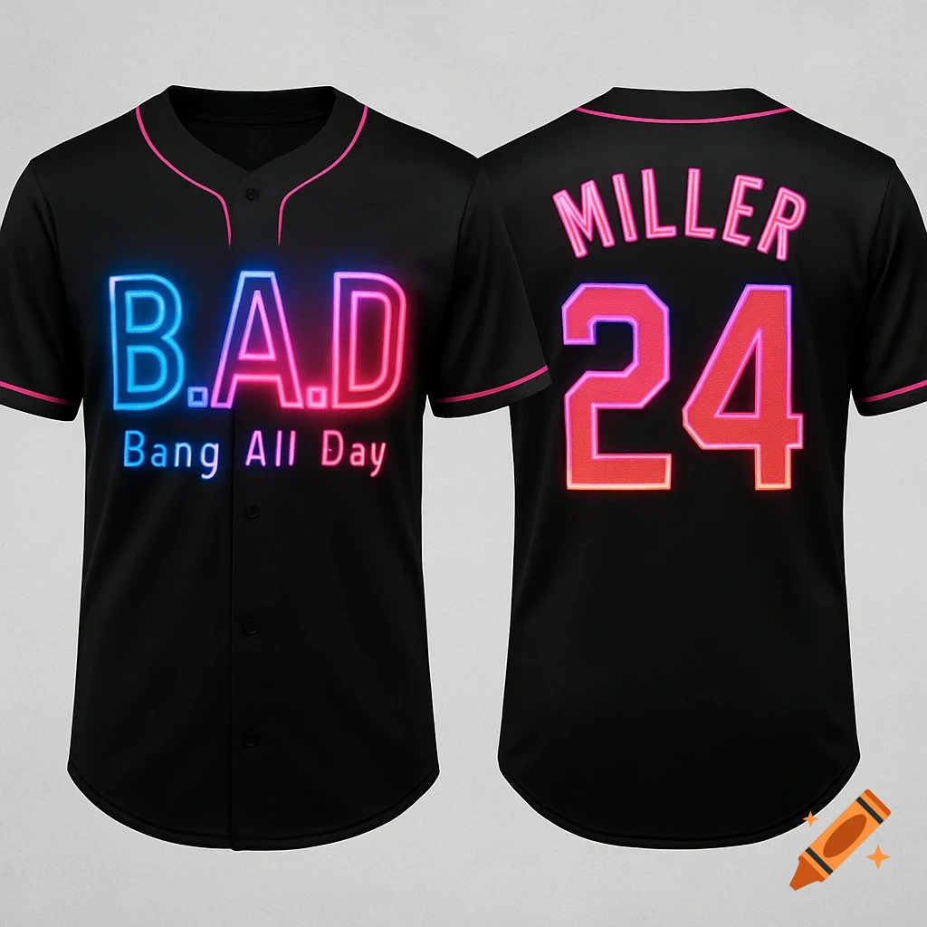 A black baseball jersey with pink trim, featuring blue and pink neon text "B.A.D. Bang All Day" on the front and "MILLER 24" in neon on the back.