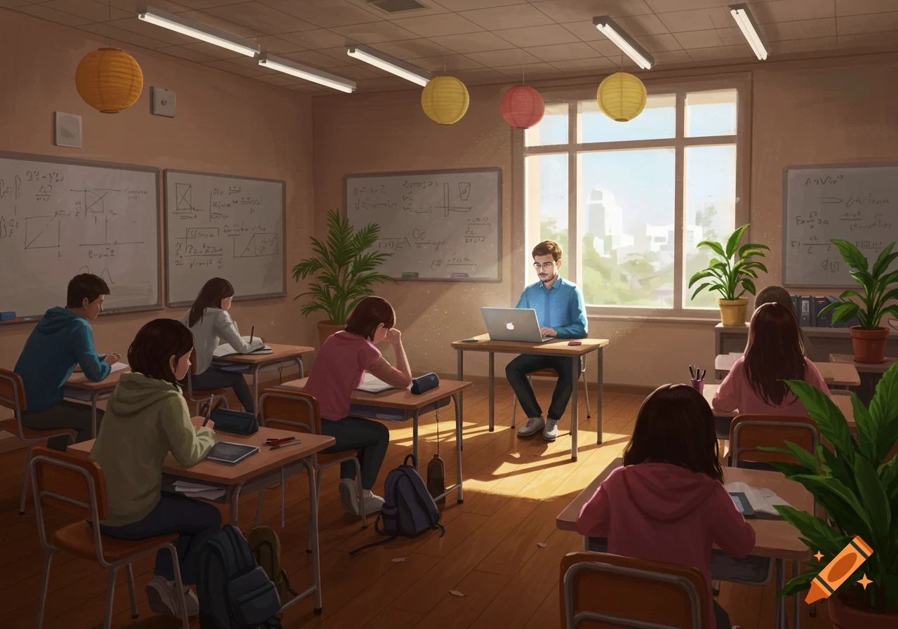 An illustration of a classroom with students seated at desks and a male teacher at his laptop, bathed in sunlight from a large window.
