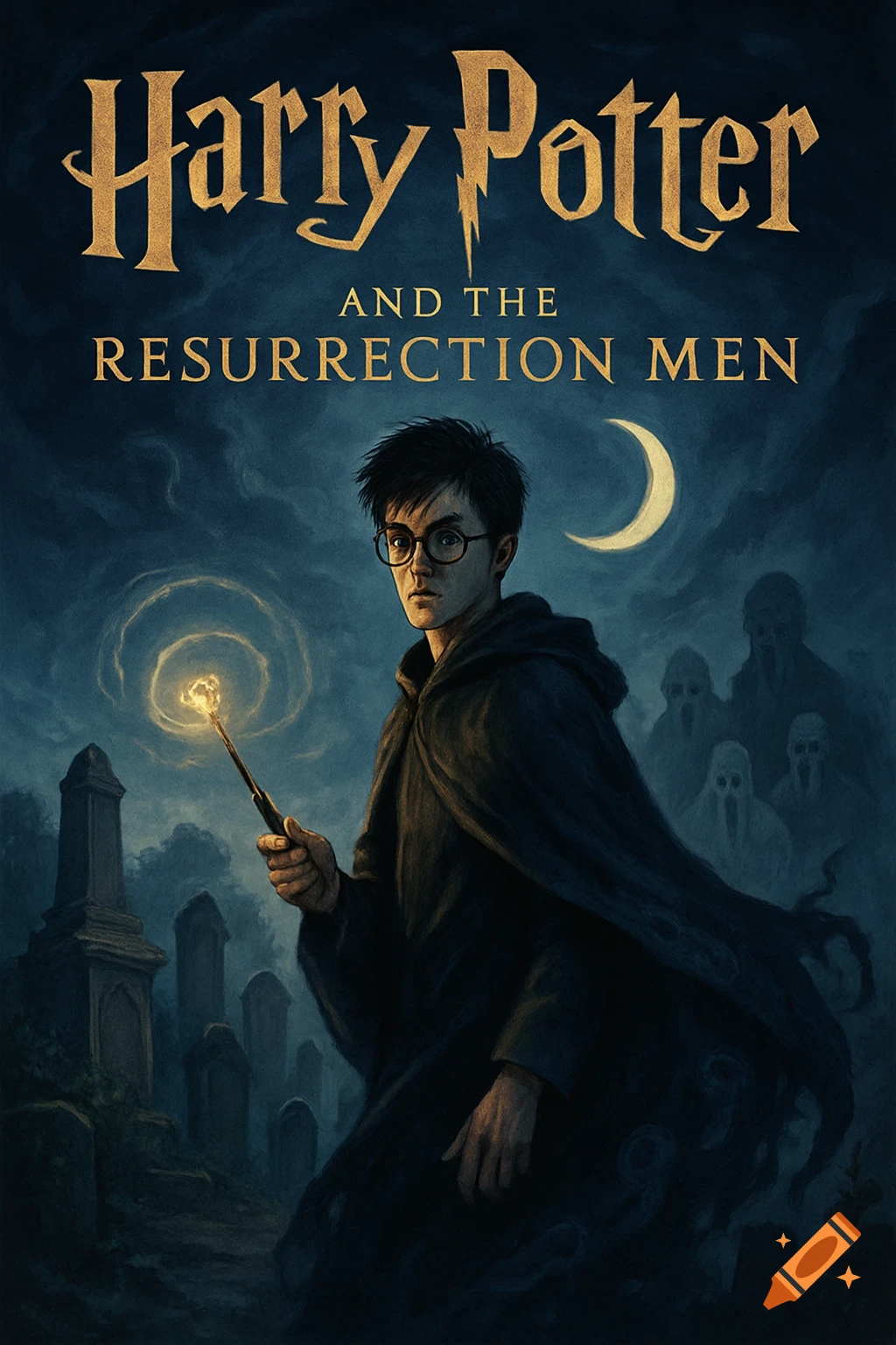 A moody book cover featuring Harry Potter holding a glowing wand in a graveyard, with ghostly figures and a crescent moon in the background. The title reads 'Harry Potter AND THE RESURRECTION MEN'.