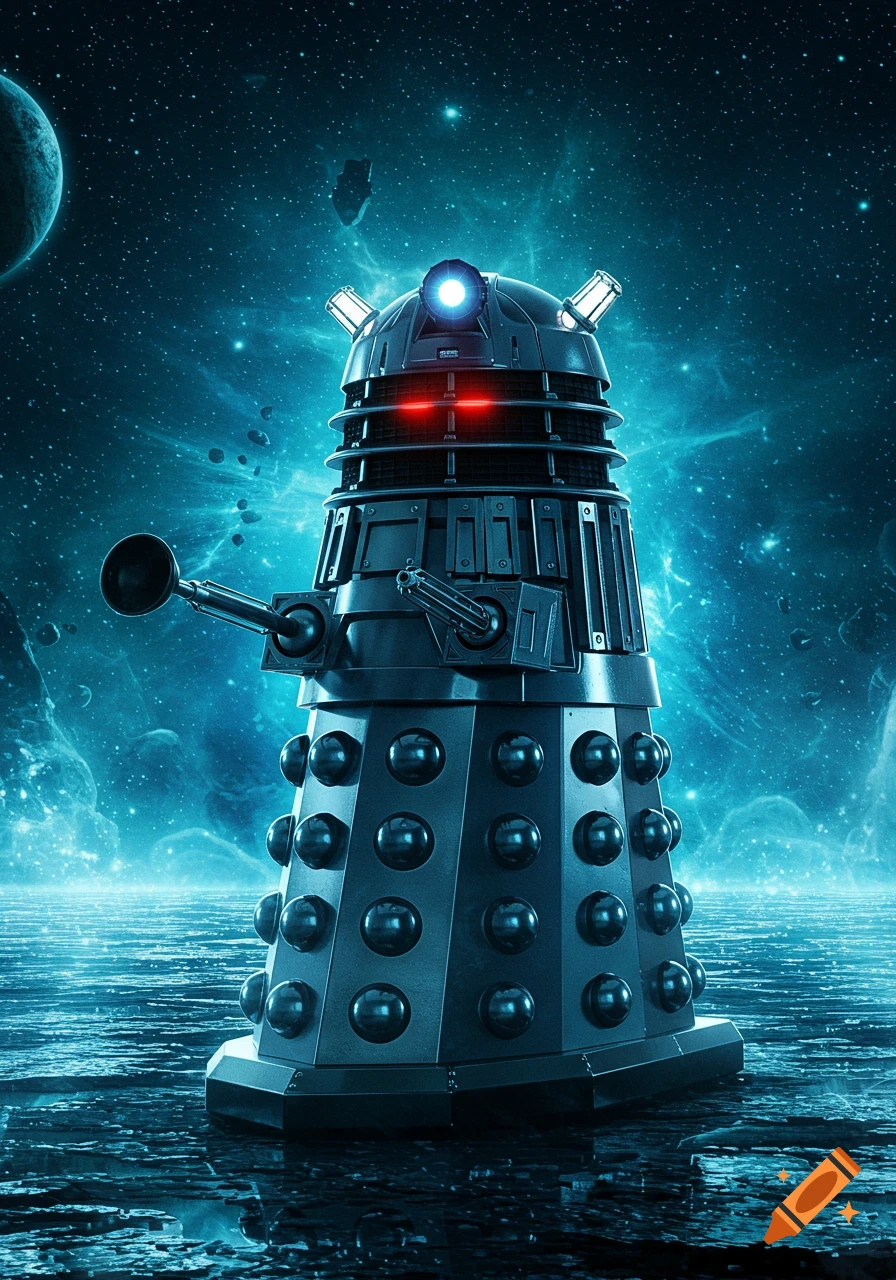 A futuristic black Dalek-like robot with red glowing eyes and a blue light on its head stands on a reflective surface in space with planets and nebulae.