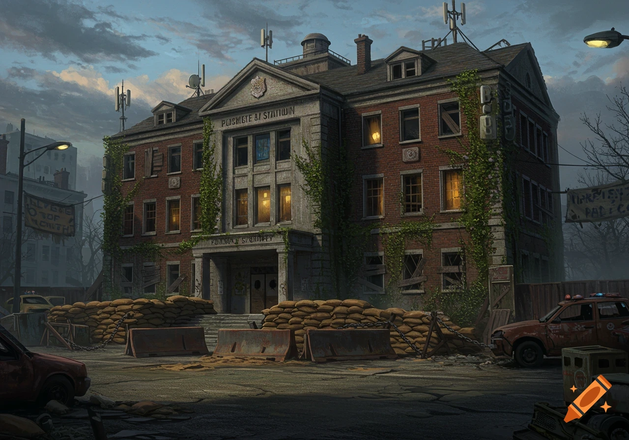 A rundown, fortified brick police station in a post-apocalyptic cityscape with sandbags and barricades.