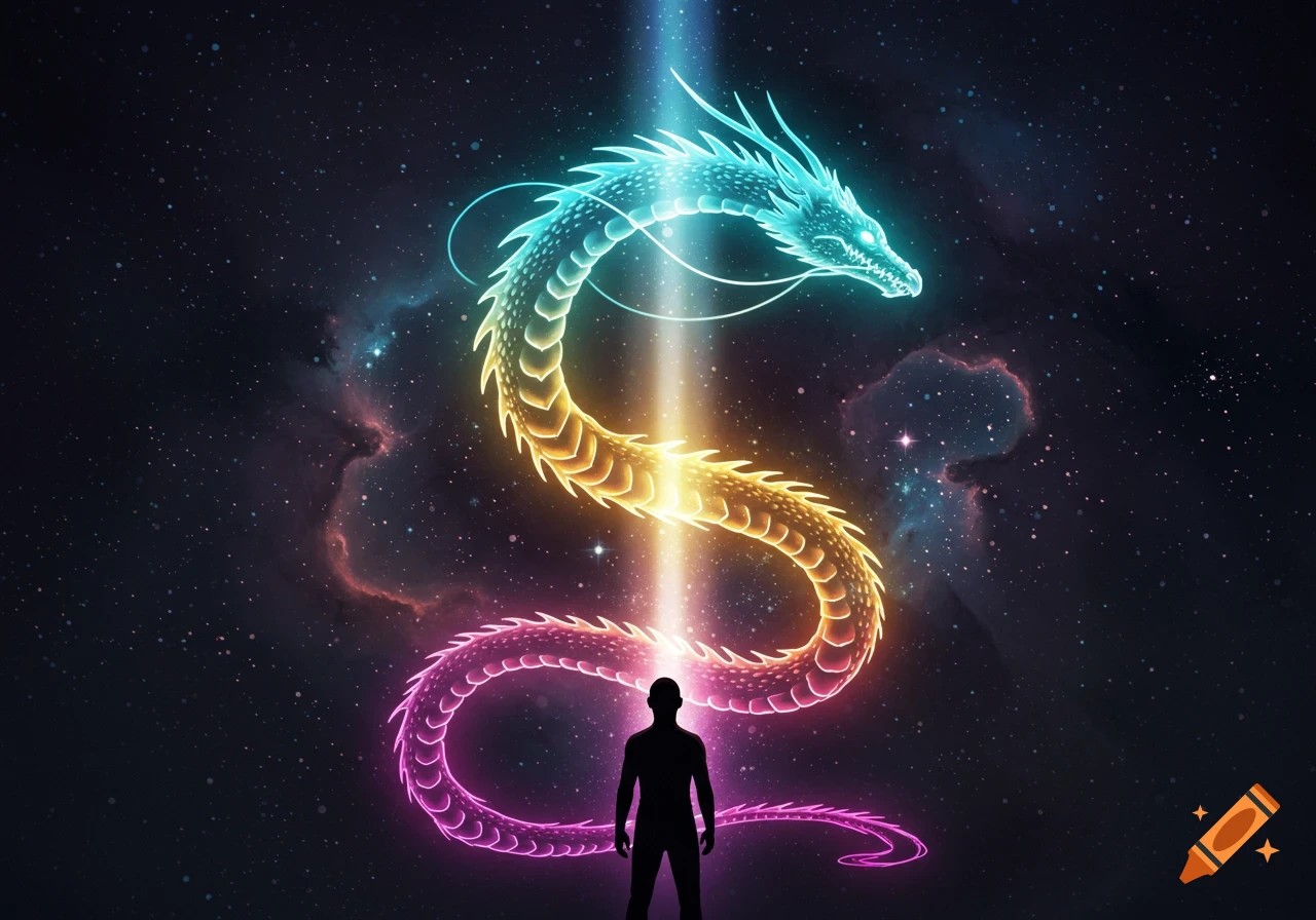 A glowing, colorful dragon coiling around a silhouetted person against a starry cosmic background.