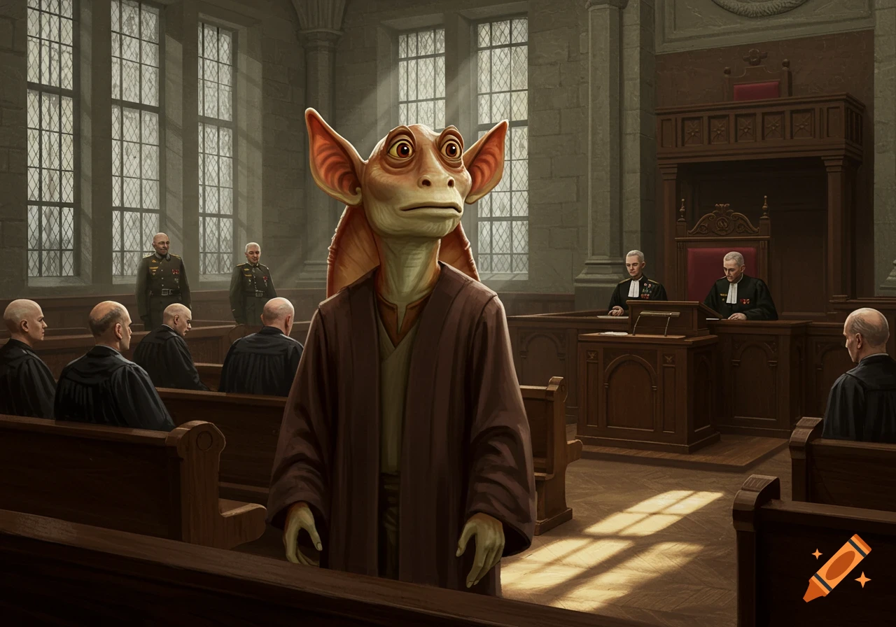 Jar Jar Binks stands in the foreground of a courtroom, which is filled with judges and military figures.