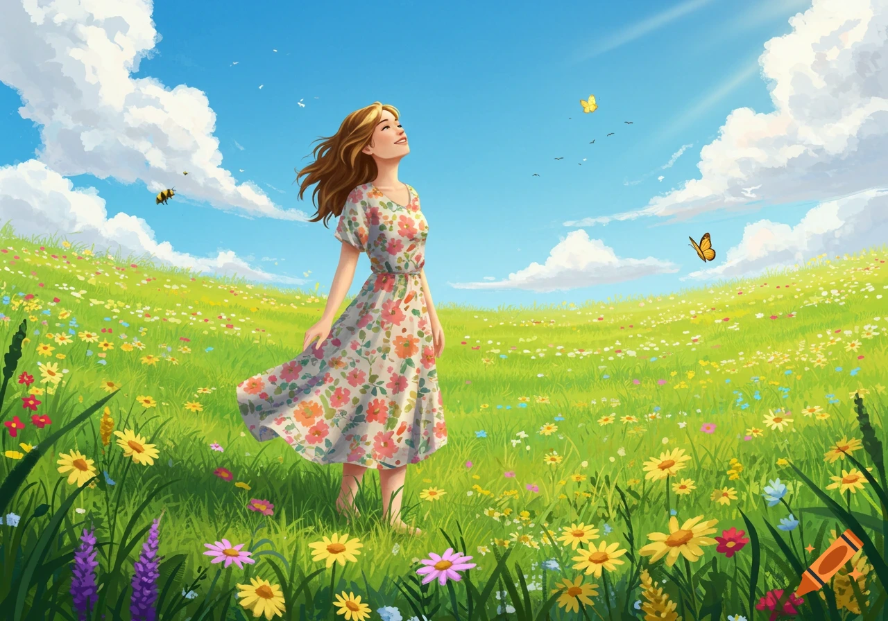 A woman in a floral dress stands in a vibrant flower field under a blue sky, enjoying the weather in an illustrative style.