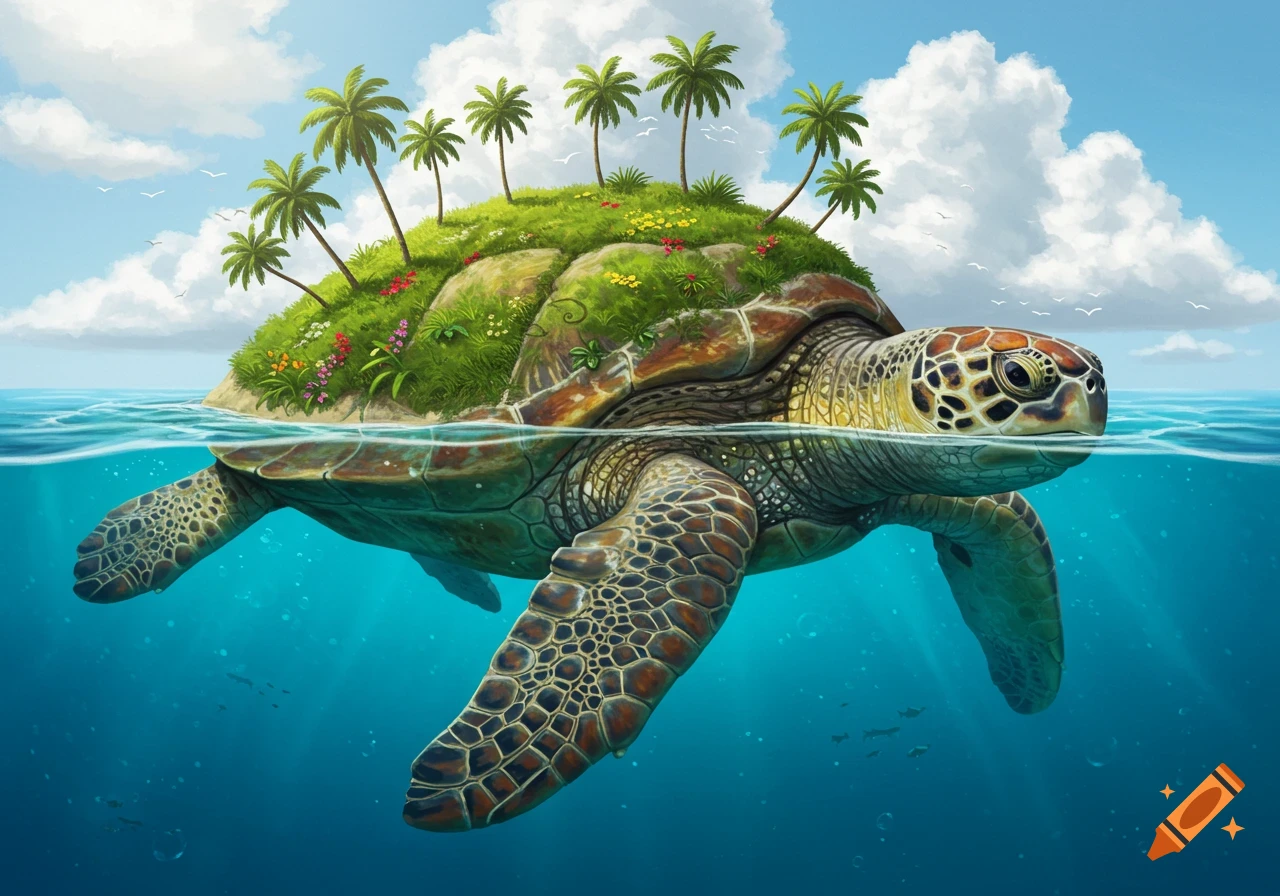 A large sea turtle swims with an island of green grass and palm trees on its shell, floating in the ocean under a blue sky.