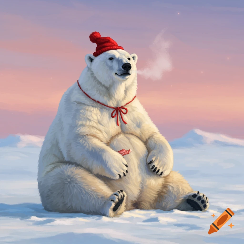 A happy polar bear in a red hat and red ribbon sits on snow in a soft pink and blue sunset landscape.