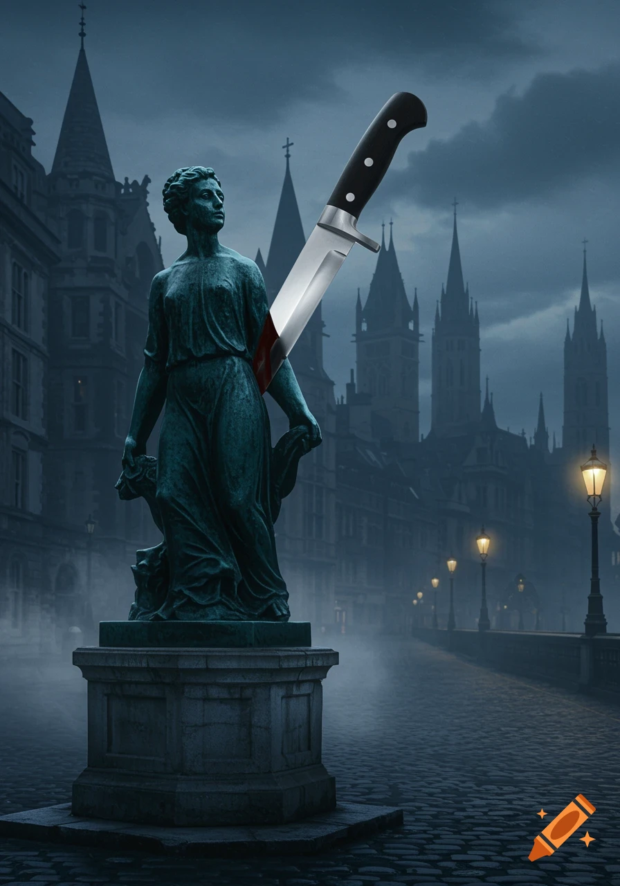 A bronze statue with a large knife plunged into its back stands on a cobblestone street in a foggy, dark gothic city.