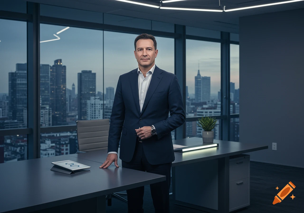 A confident businessman in a suit stands in a modern office overlooking a city skyline at dusk.