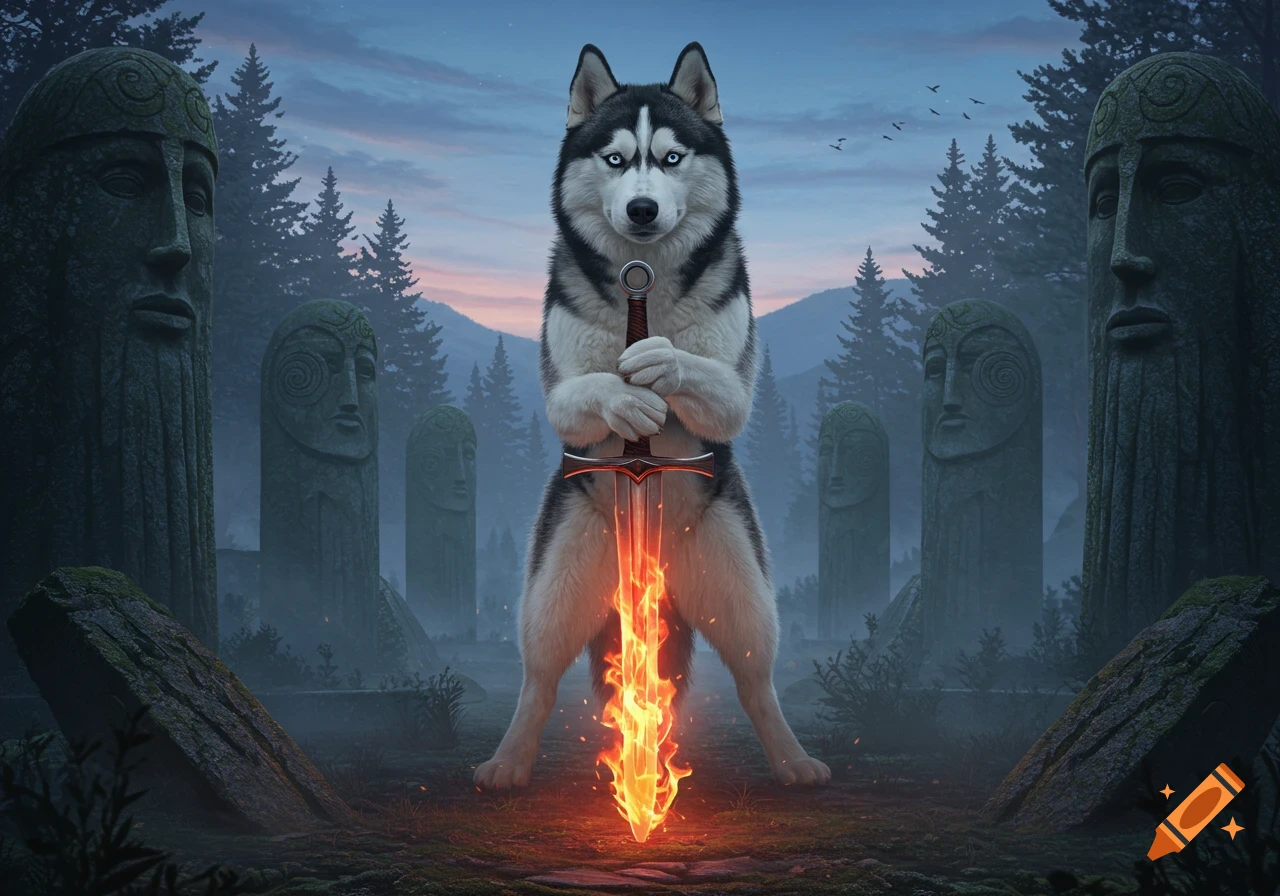 A realistic Siberian husky stands upright, holding a flaming sword in a misty forest surrounded by ancient stone statues at dusk.