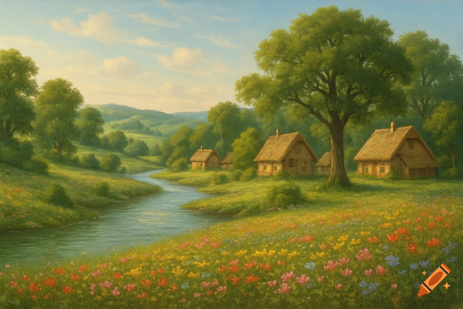 A painting of a peaceful rural landscape with a winding river, thatched-roof cottages, lush green trees, and colorful wildflowers.