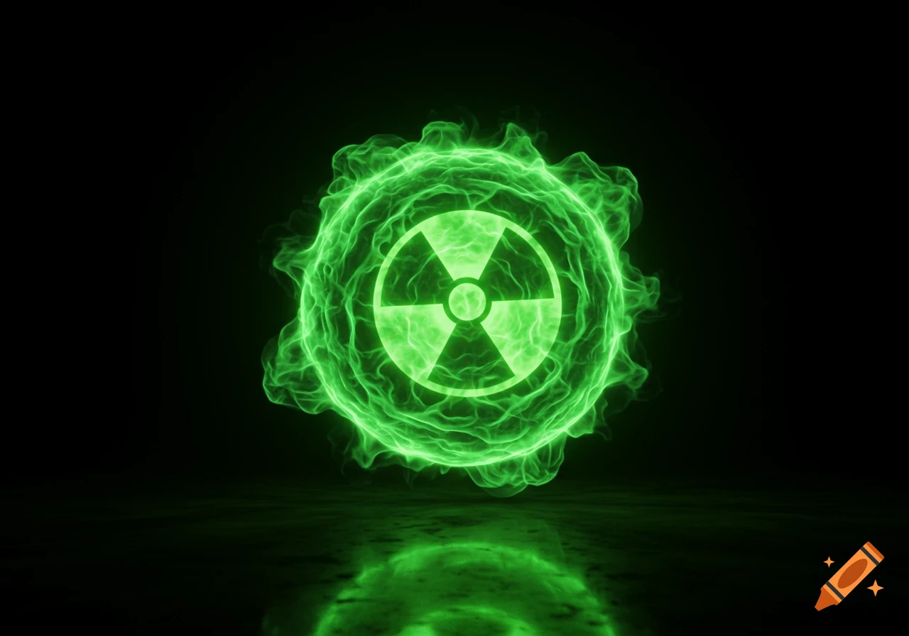 A bright green glowing nuclear symbol surrounded by a shimmering energy field, reflected on a dark surface.