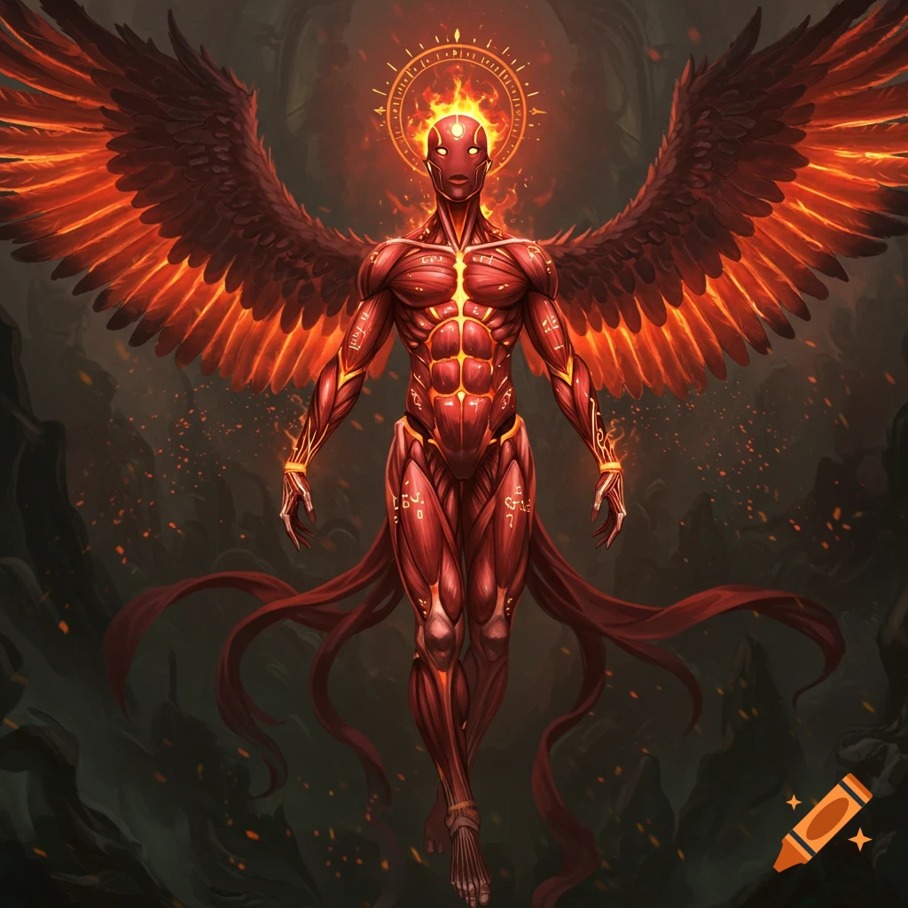 A powerful, red, skinless muscular humanoid figure with large fiery wings and a glowing halo, hovering in a dark, molten landscape.