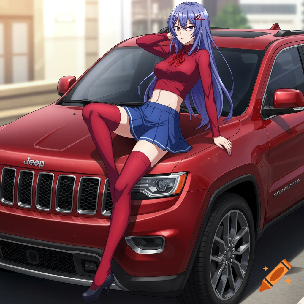 An anime girl with purple-blue hair in a red top and blue skirt poses on the hood of a red Jeep Grand Cherokee.
