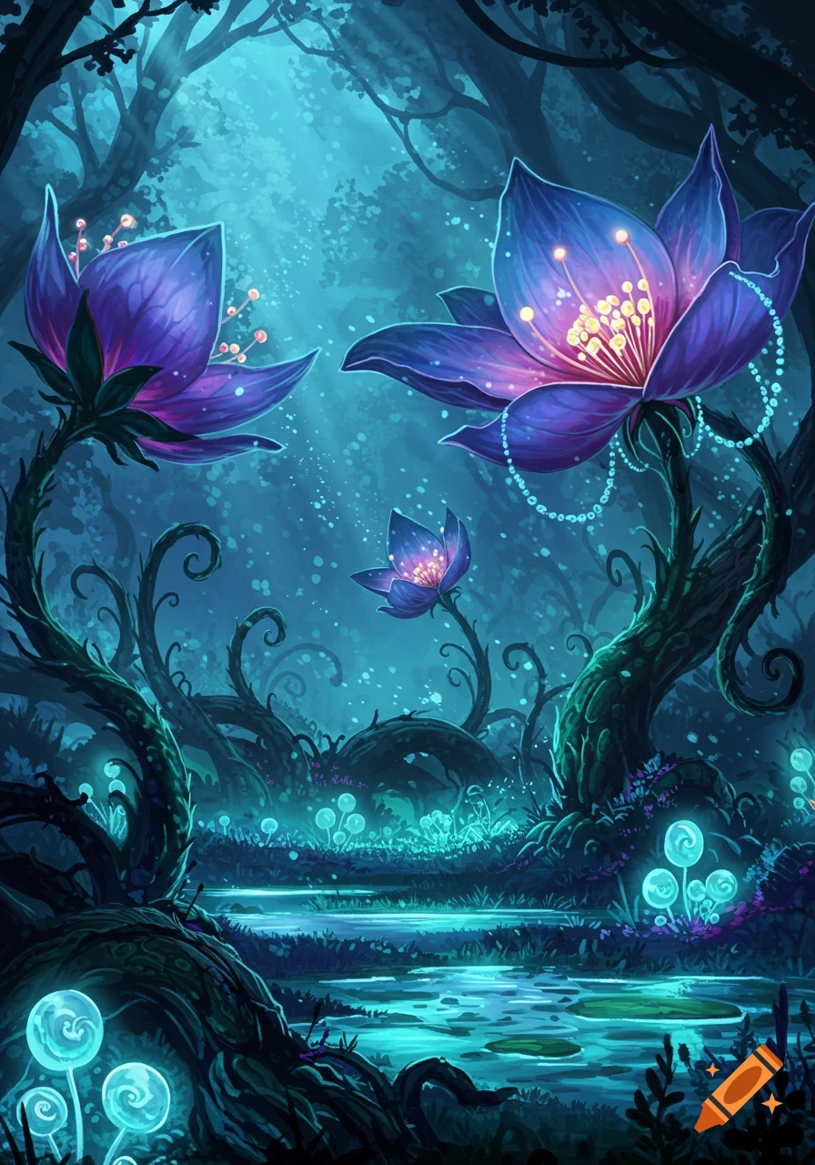 A mystical fantasy forest scene at night with glowing purple and blue lotus-like flowers and luminescent mushrooms by a reflective pond.