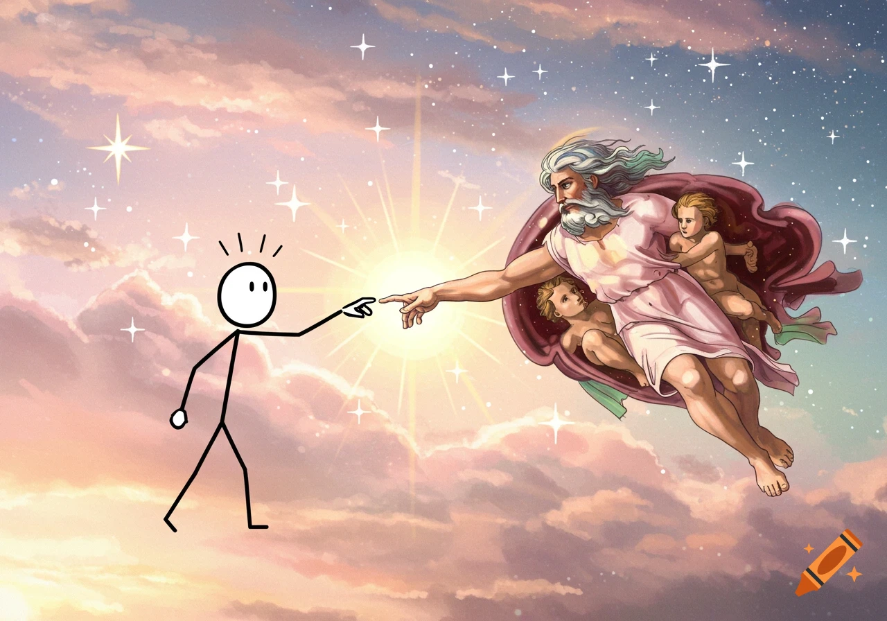 A stick figure reaches out to touch the finger of a bearded anime-style god with cherubs, parodying 'The Creation of Adam' in a bright, cloudy sky.