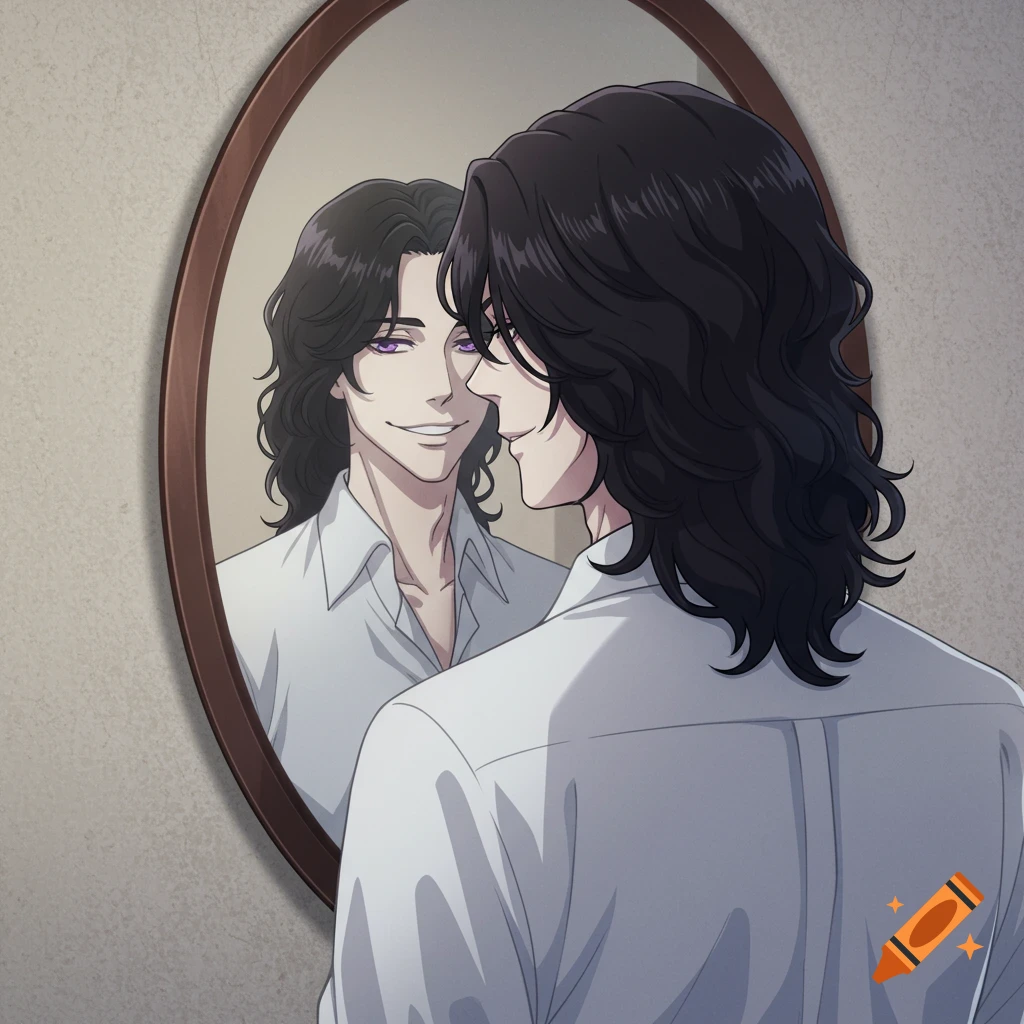 Anime man with wavy black hair looks at his smug reflection in an oval mirror. He wears a white dress shirt, and his reflection has purple eyes.