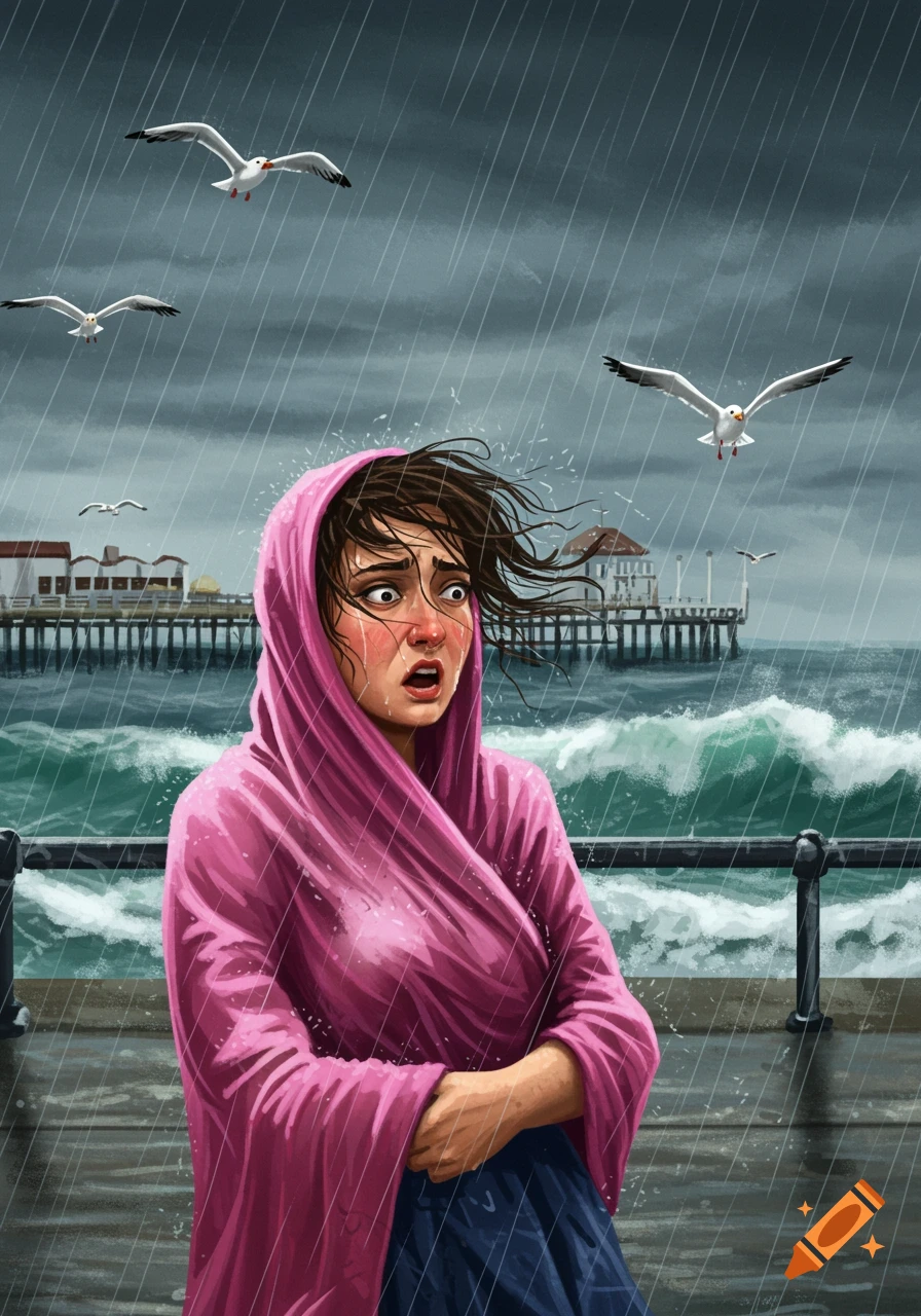A distressed woman in a pink hooded coat stands on a stormy seafront with seagulls flying, rain falling, and large waves crashing against a distant pier.