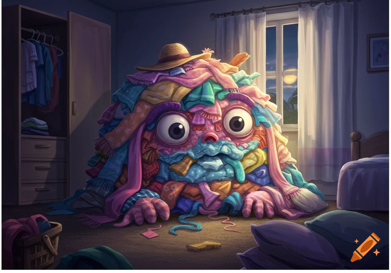A colorful, cartoon monster made of a pile of laundry with big eyes and a straw hat sits on the floor of a messy bedroom at night.