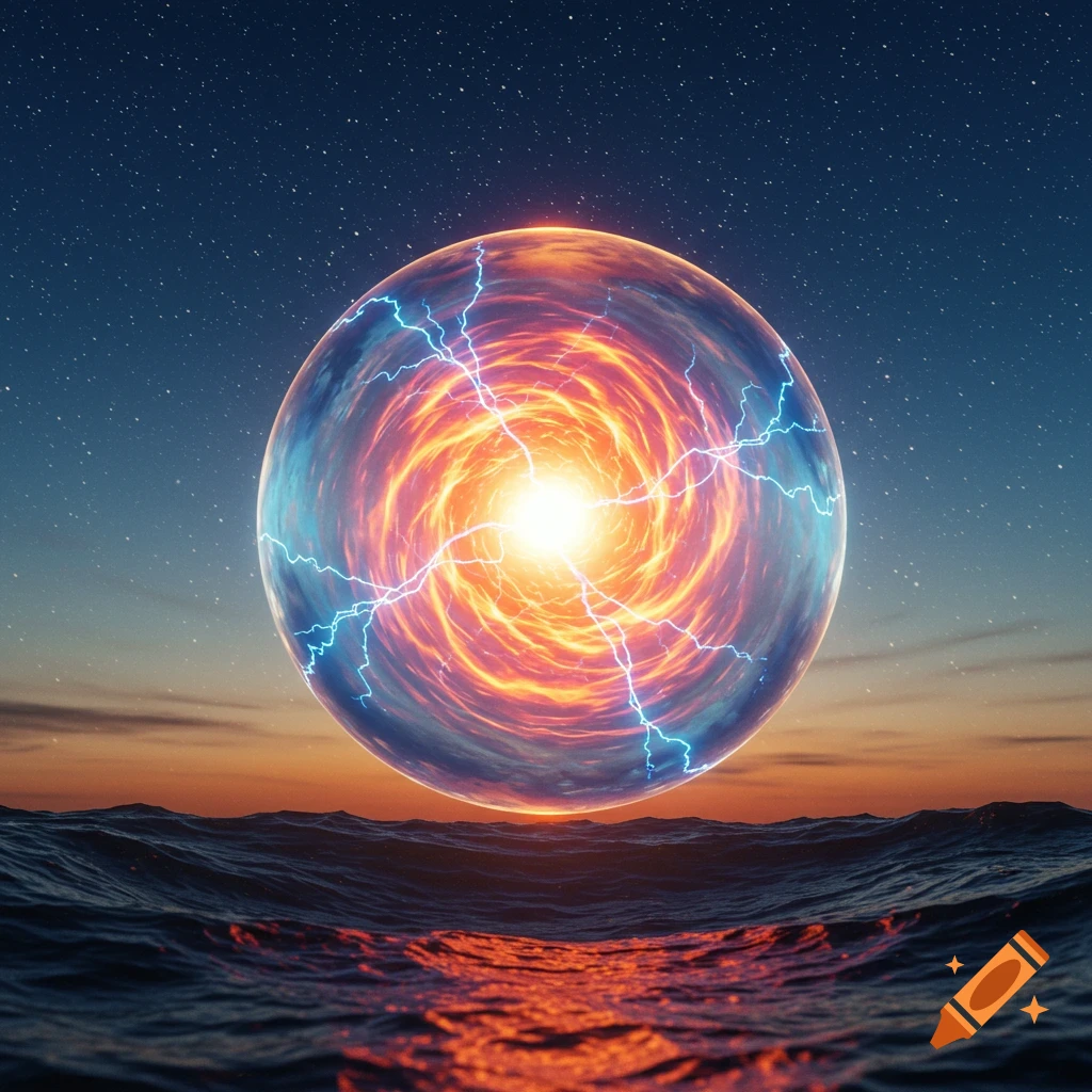 A vibrant, glowing energy sphere with swirling orange light and blue lightning floats above a turbulent ocean at dusk under a starry sky.