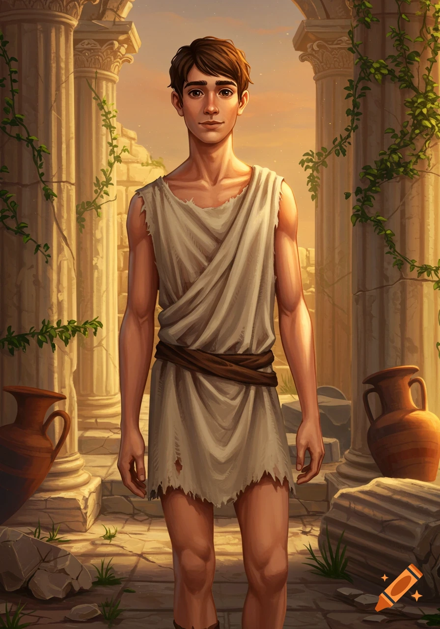 A young man in ragged ancient Greek attire stands among ruins with columns and pottery under a warm sky in a stylized illustration.