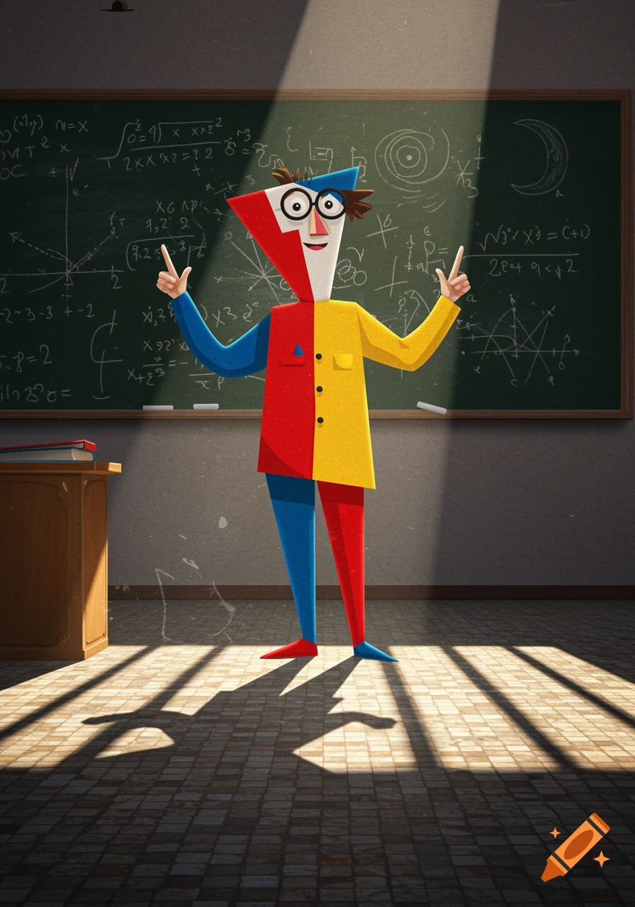 A stylized, colorful math teacher with a triangular head stands before a blackboard full of equations in a classroom.