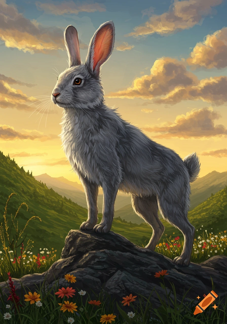 A gray rabbit-wolf hybrid creature stands on a rock, silhouetted against a vibrant sunset sky over green mountains.