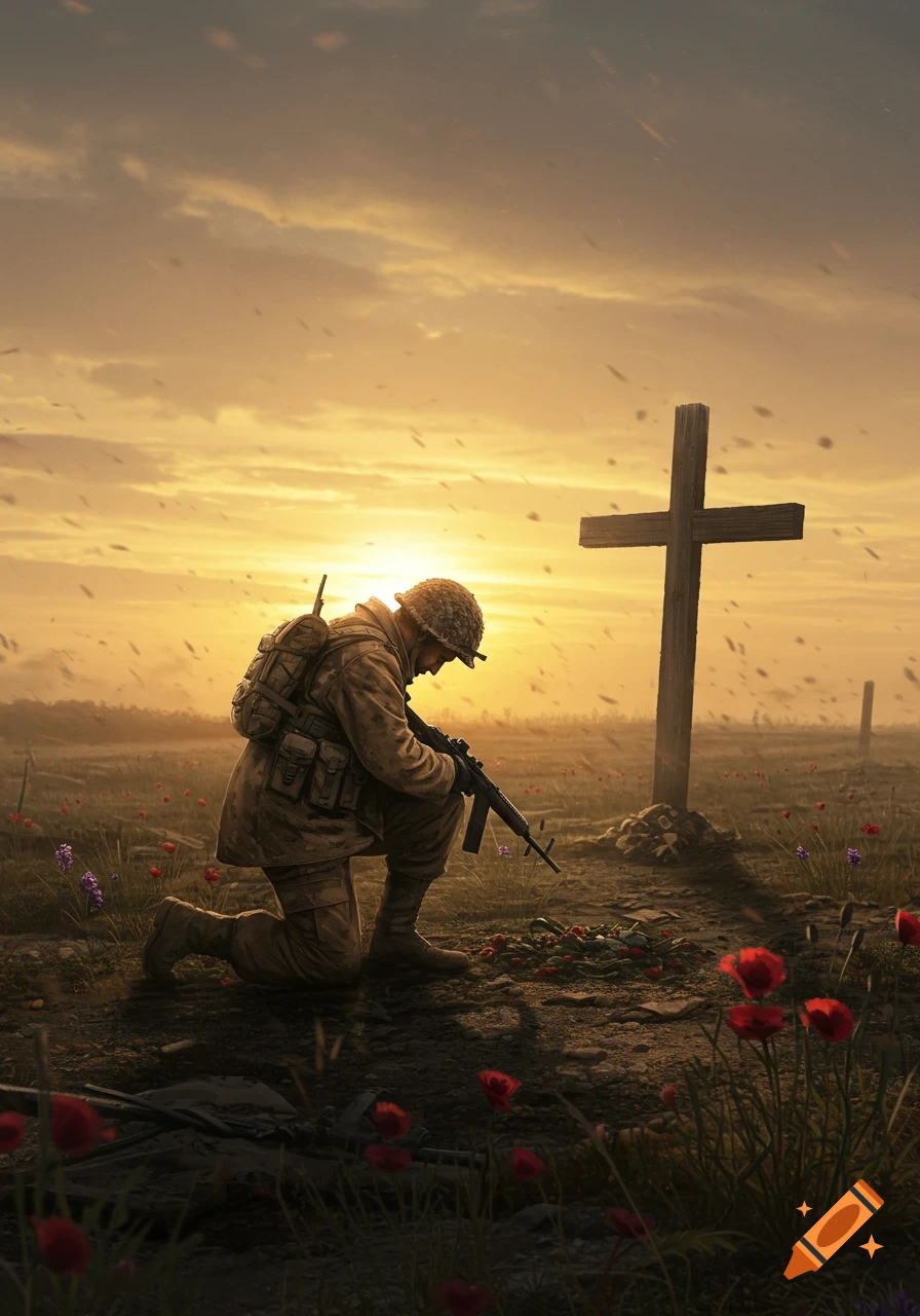 A soldier kneels solemnly before a wooden cross in a field of red and purple flowers at sunset.