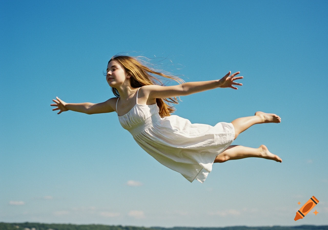 A teenage girl in a white dress floats gracefully in a clear blue sky with outstretched arms.