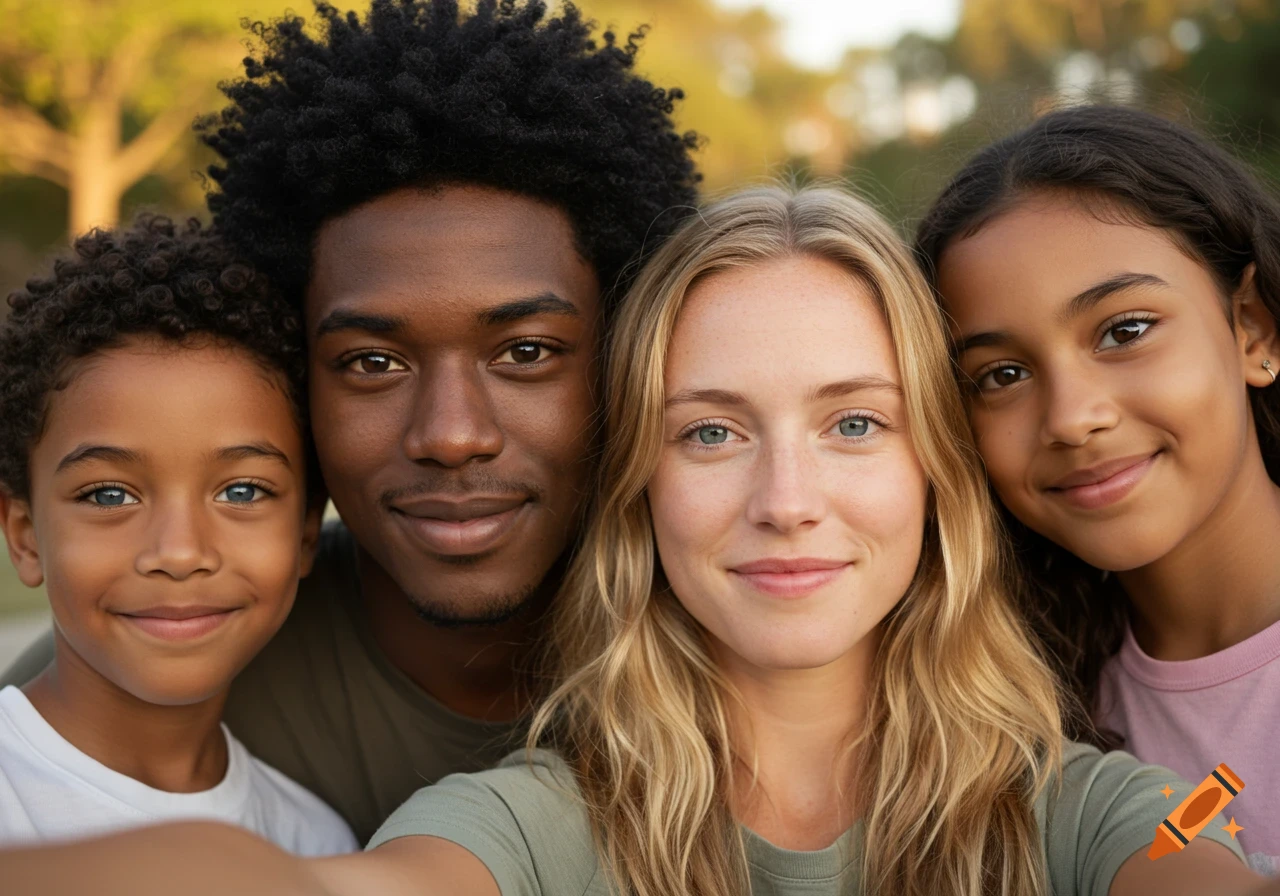 A photorealistic selfie of a diverse family of four, two adults and two children, smiling warmly outdoors.